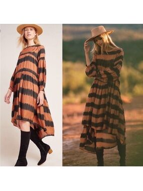 Anthropologie Norblack Norwhite Euphrates Black Brown Tie Dye Fall Dress medium
